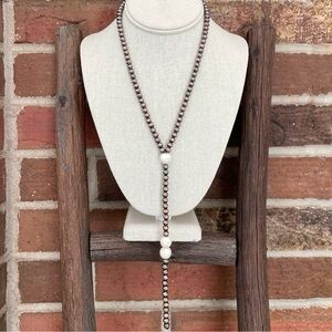 Copper Navajo Style Pearl Lariat Necklace with Faux White Buffalo Accents